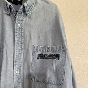Vintage Harley Davidson Button Short Sleeve Blue Denim Shirt Mens Sz XL Chambray